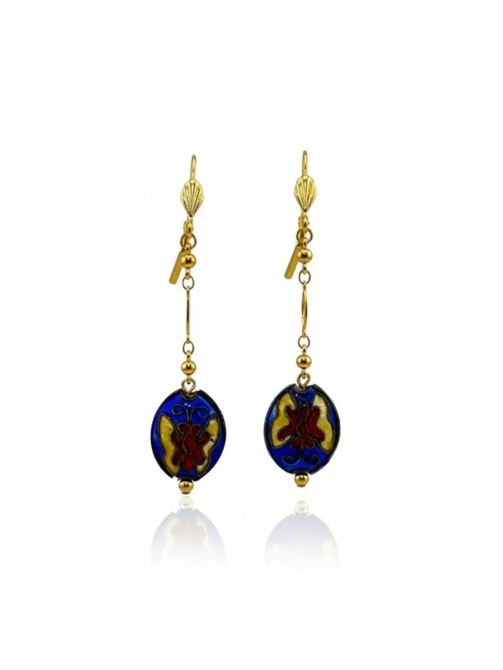 Blue Cloisonné Floral Butterfly Dangle Earrings Gold Leverback 2.75